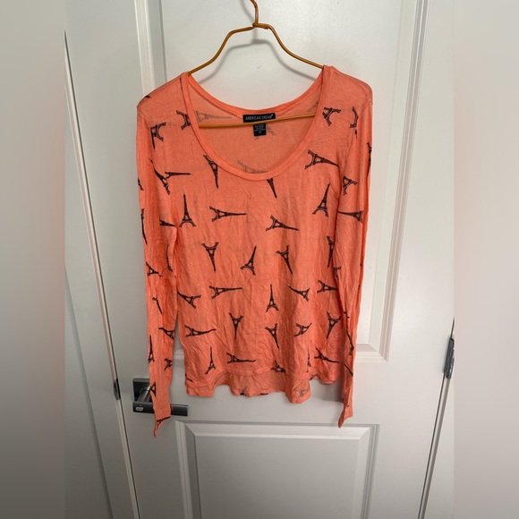 American Dream Tops - American Dream Coral Eiffel Tower Print Long Sleeve Tee in size XS